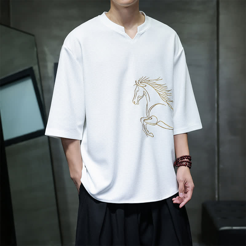 Buddha Stones 夏物カジュアルミニマリスト刺繍ホース柄コットンメンズ半袖Tシャツ - image 1