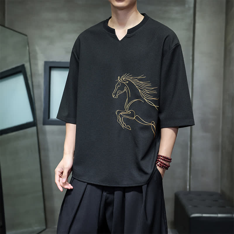 Buddha Stones 夏物カジュアルミニマリスト刺繍ホース柄コットンメンズ半袖Tシャツ - image 9