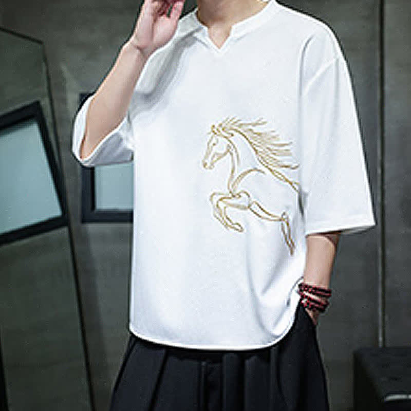 Buddha Stones 夏物カジュアルミニマリスト刺繍ホース柄コットンメンズ半袖Tシャツ - image 6