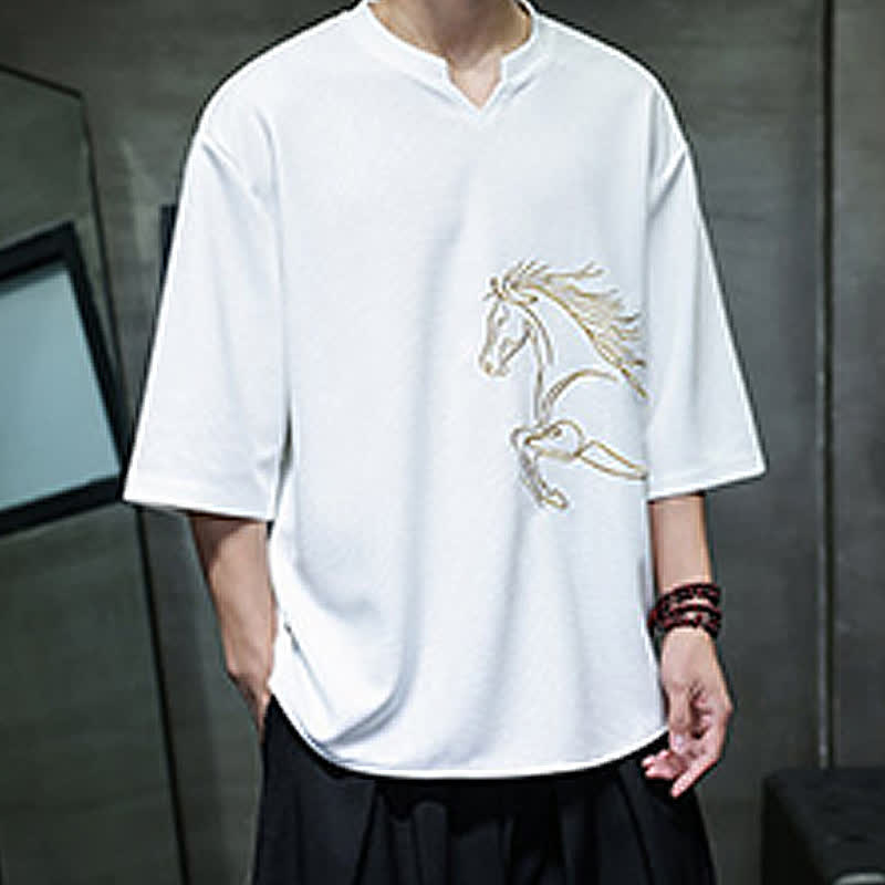 Buddha Stones 夏物カジュアルミニマリスト刺繍ホース柄コットンメンズ半袖Tシャツ - image 4