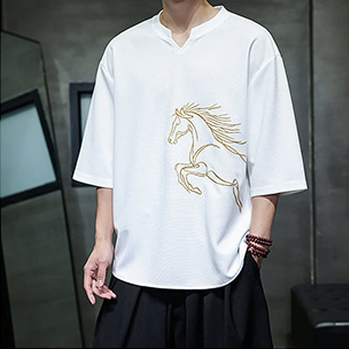 Buddha Stones 夏物カジュアルミニマリスト刺繍ホース柄コットンメンズ半袖Tシャツ - image 5