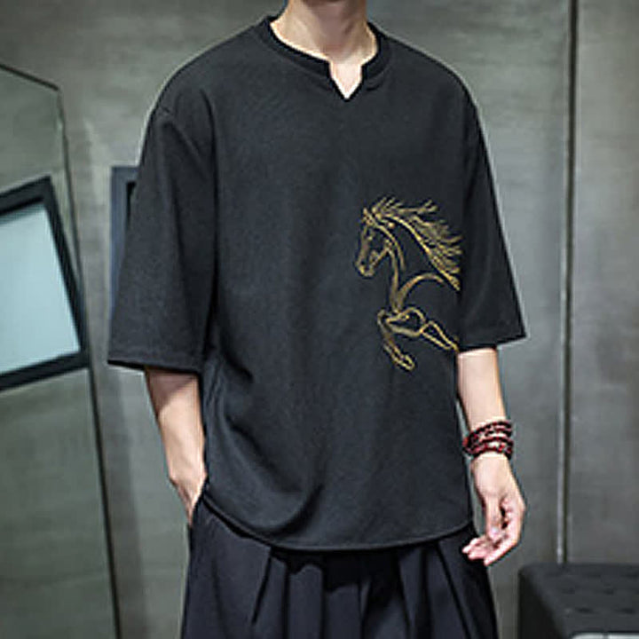 Buddha Stones 夏物カジュアルミニマリスト刺繍ホース柄コットンメンズ半袖Tシャツ - image 10