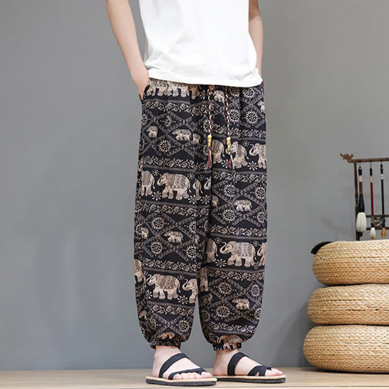 Buddha Stones 夏物カジュアルボヘミアンドローストリング幾何学模様象葉柄クロップドパンツメンズハーレムパンツポケット付き - image 22