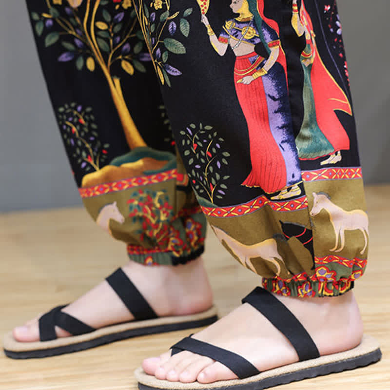 Buddha Stones 夏物カジュアルボヘミアンドローストリング幾何学模様象葉柄クロップドパンツメンズハーレムパンツポケット付き - image 41
