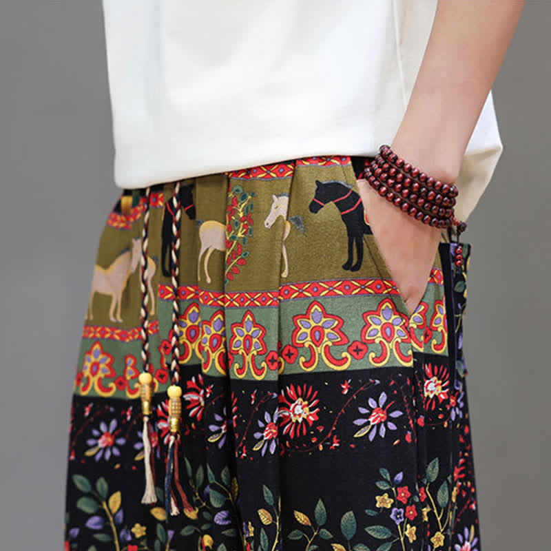 Buddha Stones 夏物カジュアルボヘミアンドローストリング幾何学模様象葉柄クロップドパンツメンズハーレムパンツポケット付き - image 38