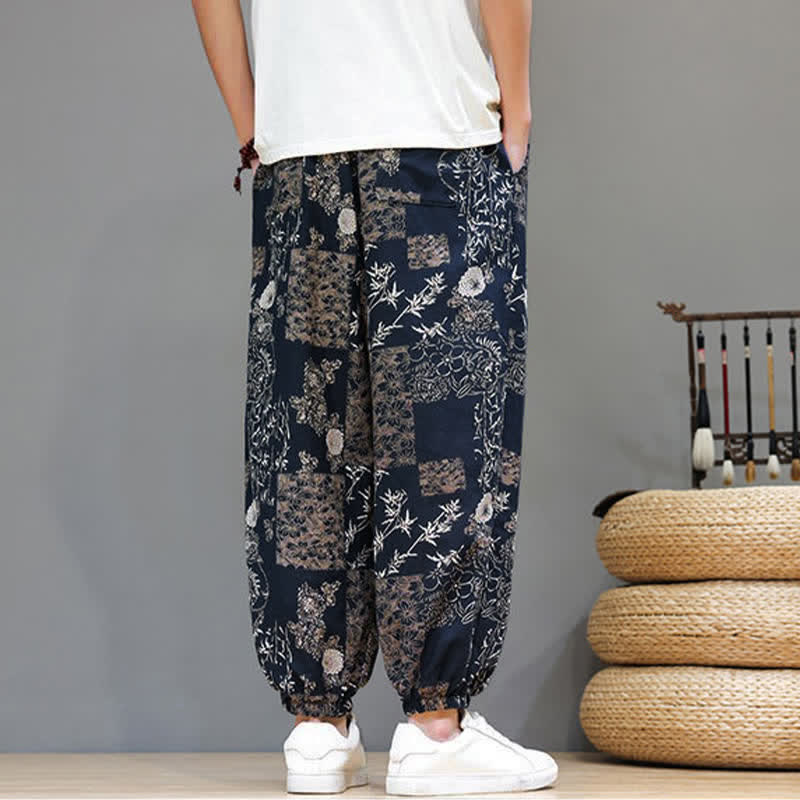 Buddha Stones 夏物カジュアルボヘミアンドローストリング幾何学模様象葉柄クロップドパンツメンズハーレムパンツポケット付き - image 18