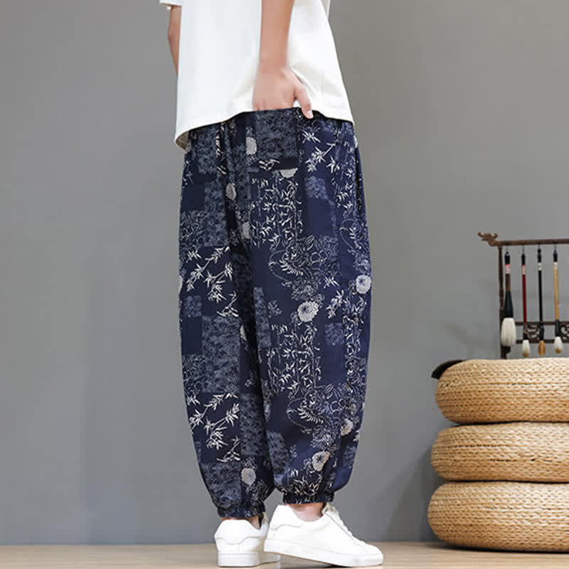 Buddha Stones 夏物カジュアルボヘミアンドローストリング幾何学模様象葉柄クロップドパンツメンズハーレムパンツポケット付き - image 6