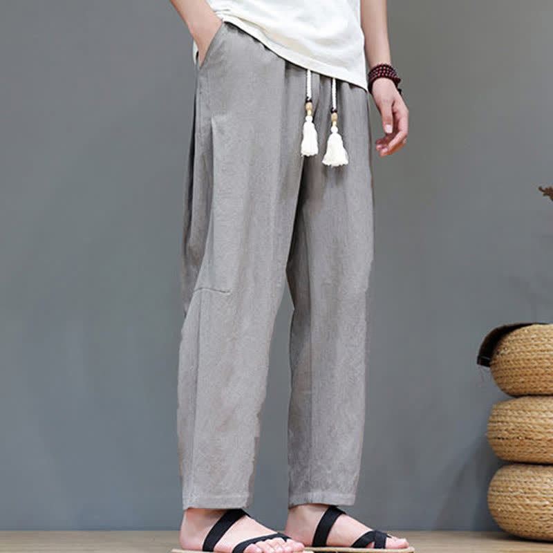 Buddha Stonesサマーカジュアル ミニマリスト ドローストリング 無地 アンクルパンツ メンズ ストレートレッグパンツ ポケット付き - image 4