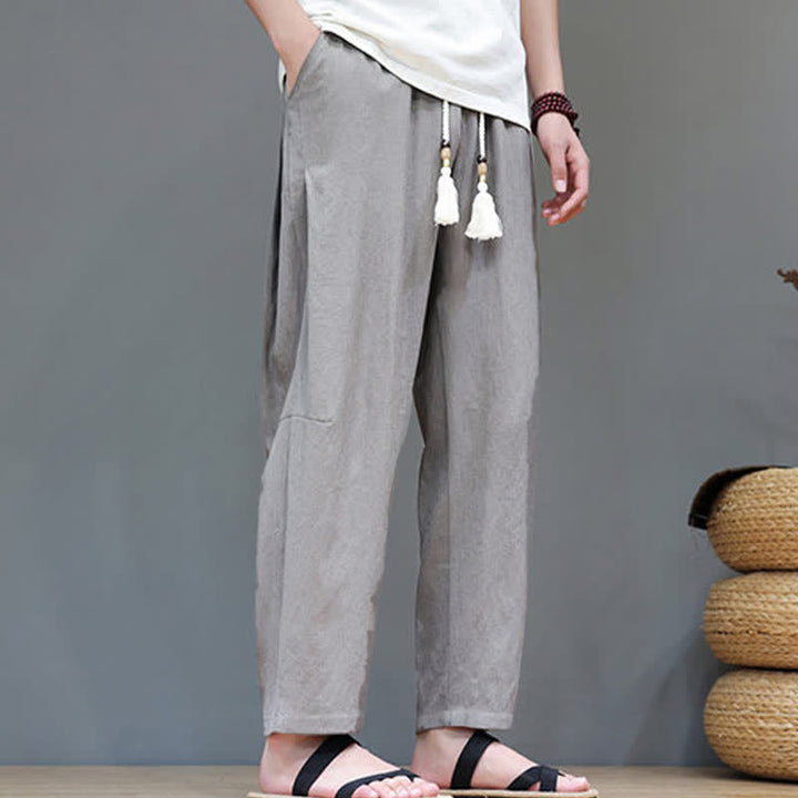 Buddha Stonesサマーカジュアル ミニマリスト ドローストリング 無地 アンクルパンツ メンズ ストレートレッグパンツ ポケット付き - image 4
