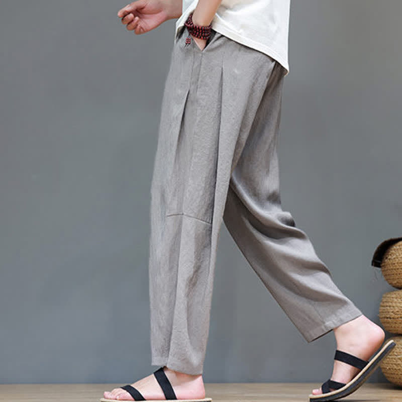Buddha Stonesサマーカジュアル ミニマリスト ドローストリング 無地 アンクルパンツ メンズ ストレートレッグパンツ ポケット付き - image 3