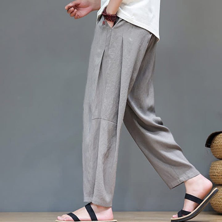 Buddha Stonesサマーカジュアル ミニマリスト ドローストリング 無地 アンクルパンツ メンズ ストレートレッグパンツ ポケット付き - image 3