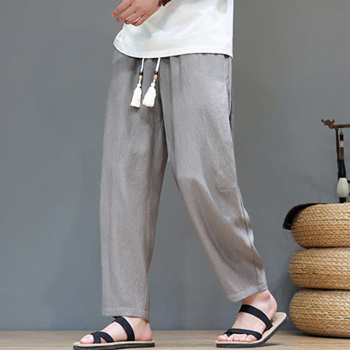 Buddha Stonesサマーカジュアル ミニマリスト ドローストリング 無地 アンクルパンツ メンズ ストレートレッグパンツ ポケット付き - image 7