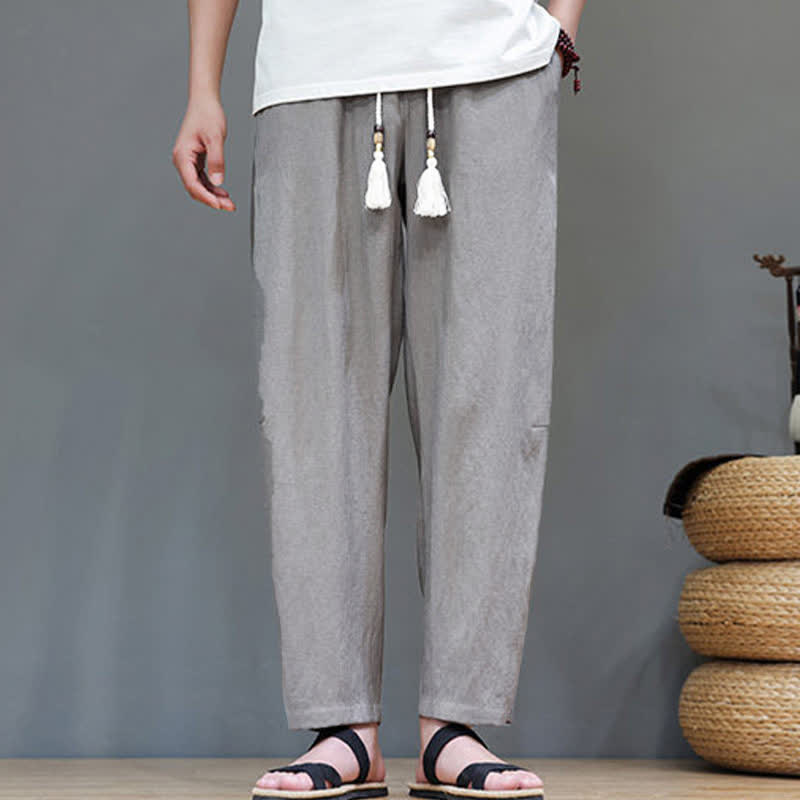 Buddha Stonesサマーカジュアル ミニマリスト ドローストリング 無地 アンクルパンツ メンズ ストレートレッグパンツ ポケット付き - image 1