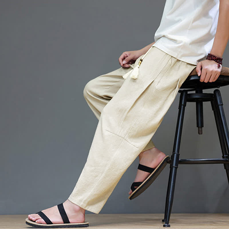 Buddha Stonesサマーカジュアル ミニマリスト ドローストリング 無地 アンクルパンツ メンズ ストレートレッグパンツ ポケット付き - image 32