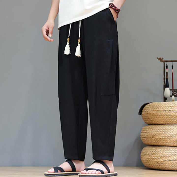 Buddha Stonesサマーカジュアル ミニマリスト ドローストリング 無地 アンクルパンツ メンズ ストレートレッグパンツ ポケット付き - image 25