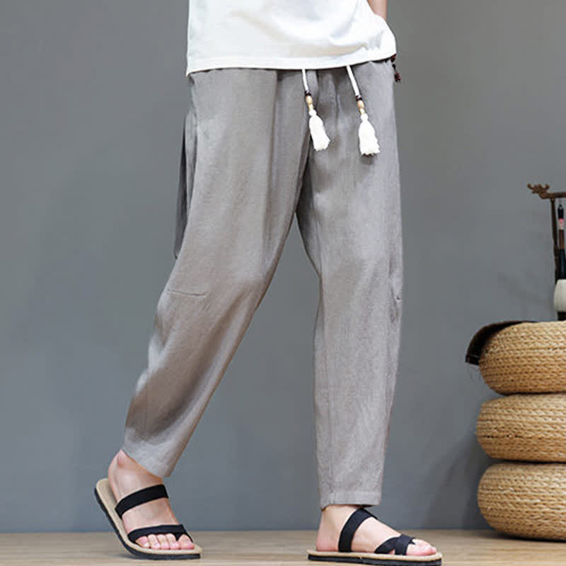 Buddha Stonesサマーカジュアル ミニマリスト ドローストリング 無地 アンクルパンツ メンズ ストレートレッグパンツ ポケット付き - image 6