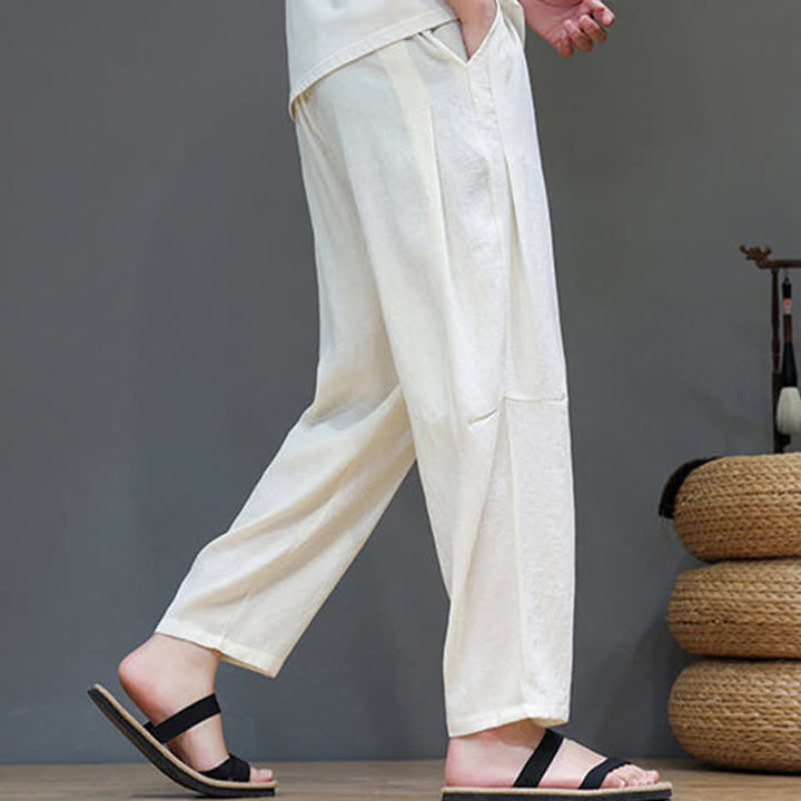 Buddha Stonesサマーカジュアル ミニマリスト ドローストリング 無地 アンクルパンツ メンズ ストレートレッグパンツ ポケット付き - image 10