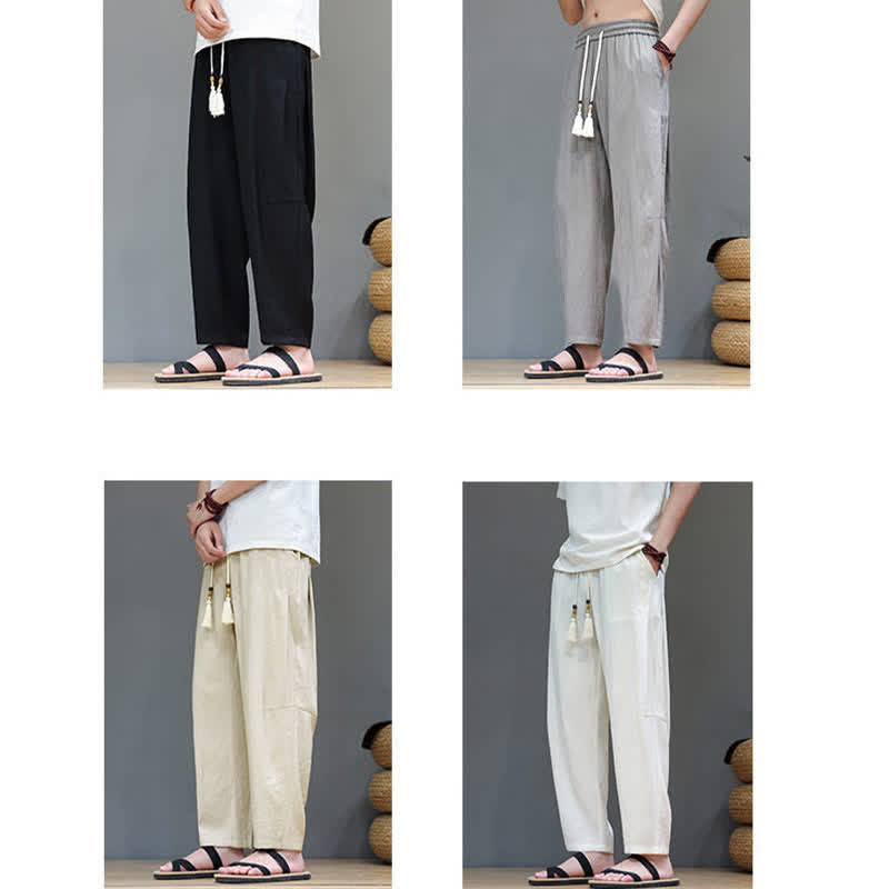 Buddha Stonesサマーカジュアル ミニマリスト ドローストリング 無地 アンクルパンツ メンズ ストレートレッグパンツ ポケット付き - image 35
