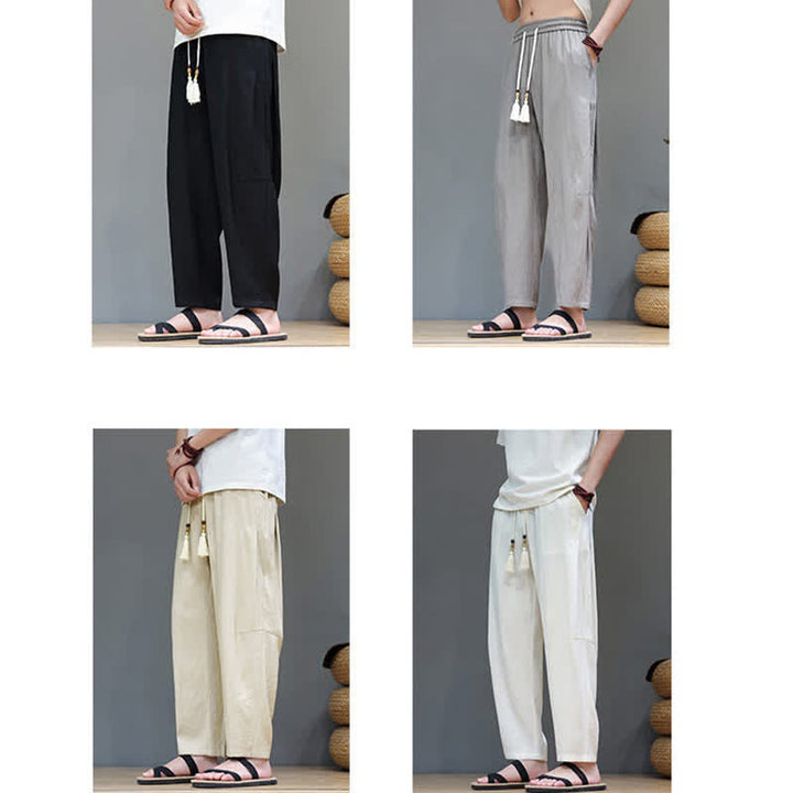 Buddha Stonesサマーカジュアル ミニマリスト ドローストリング 無地 アンクルパンツ メンズ ストレートレッグパンツ ポケット付き - image 35
