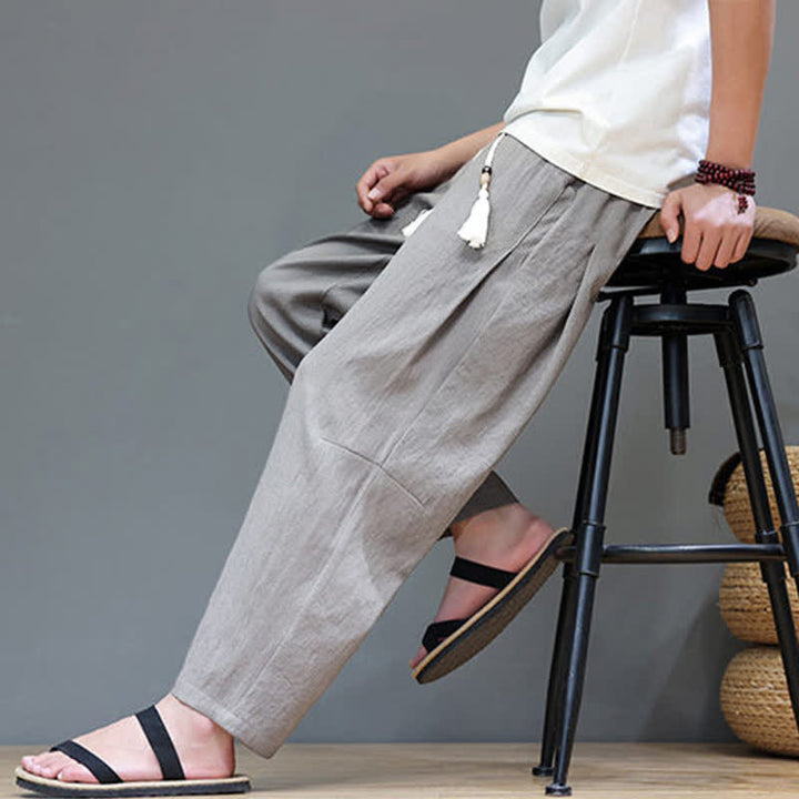 Buddha Stonesサマーカジュアル ミニマリスト ドローストリング 無地 アンクルパンツ メンズ ストレートレッグパンツ ポケット付き - image 2