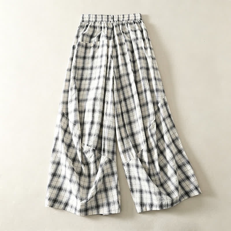 Buddha Stones 夏物カジュアルチェック柄ロングパンツ　レディーステーパードパンツ　ポケット付き - image 1