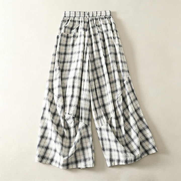 Buddha Stones 夏物カジュアルチェック柄ロングパンツ　レディーステーパードパンツ　ポケット付き - image 1