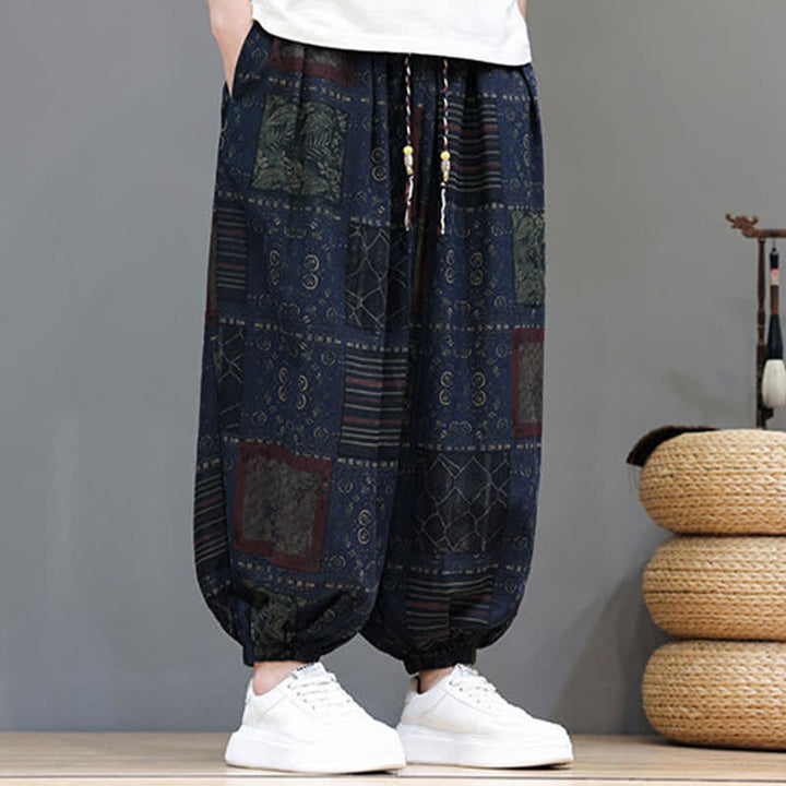 Buddha Stones 夏物ボヘミアンカジュアルドローストリング幾何学模様クロップドパンツメンズハーレムパンツポケット付き - image 3