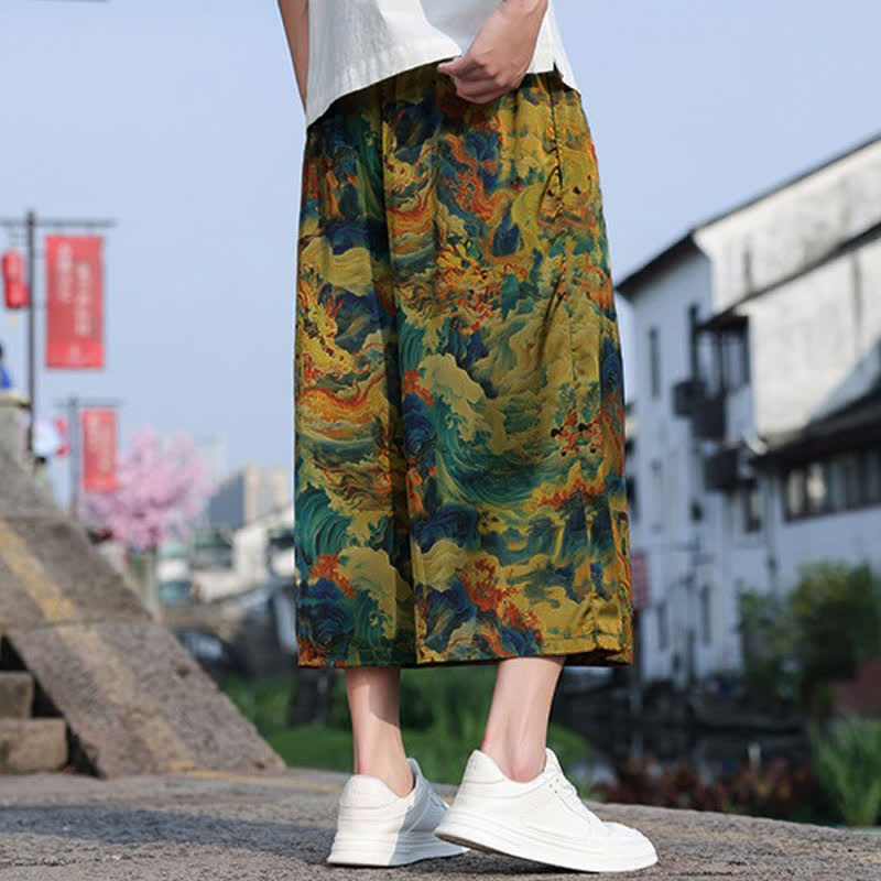 Buddha Stones 夏物 ヴィンテージ カジュアル ドローストリング 鶴柄 メンズ クロップドパンツ ポケット付き - image 4