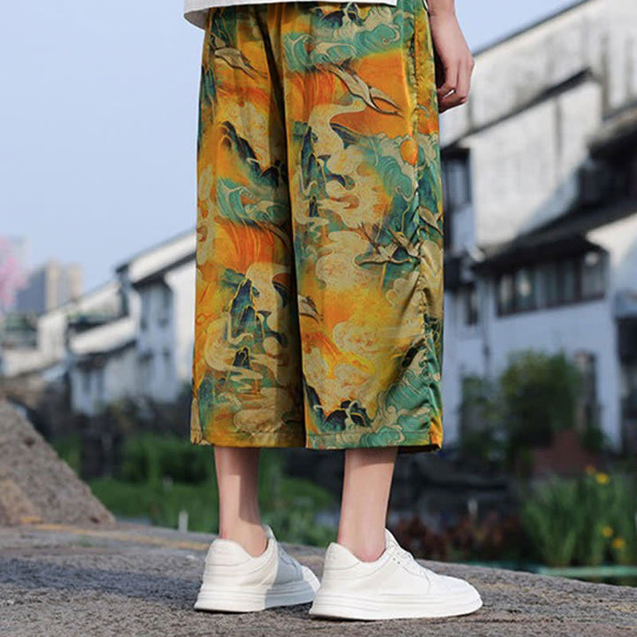 Buddha Stones 夏物 ヴィンテージ カジュアル ドローストリング 鶴柄 メンズ クロップドパンツ ポケット付き - image 7