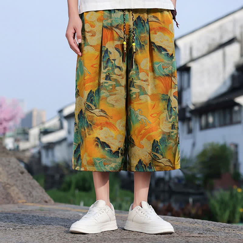 Buddha Stones 夏物 ヴィンテージ カジュアル ドローストリング 鶴柄 メンズ クロップドパンツ ポケット付き - image 14