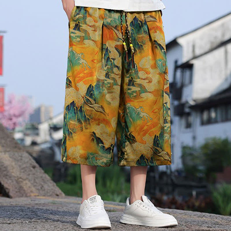 Buddha Stones 夏物 ヴィンテージ カジュアル ドローストリング 鶴柄 メンズ クロップドパンツ ポケット付き - image 8