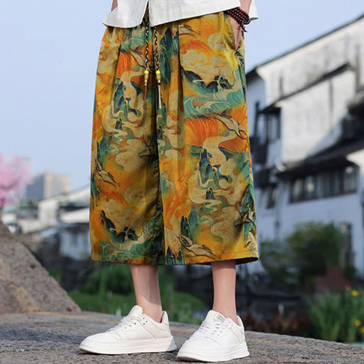 Buddha Stones 夏物 ヴィンテージ カジュアル ドローストリング 鶴柄 メンズ クロップドパンツ ポケット付き - image 10