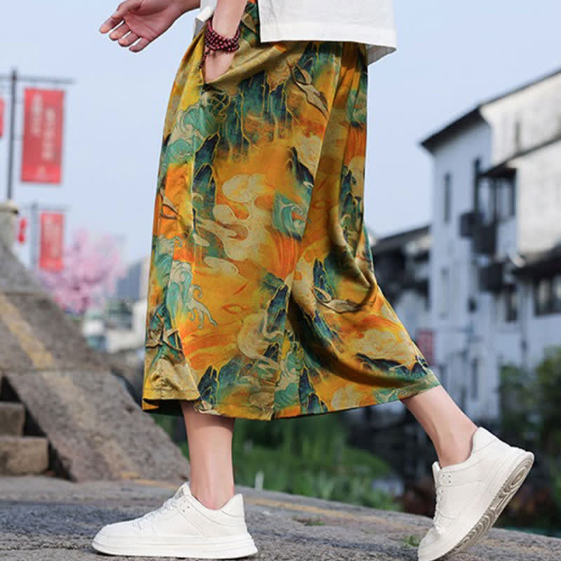 Buddha Stones 夏物 ヴィンテージ カジュアル ドローストリング 鶴柄 メンズ クロップドパンツ ポケット付き - image 13