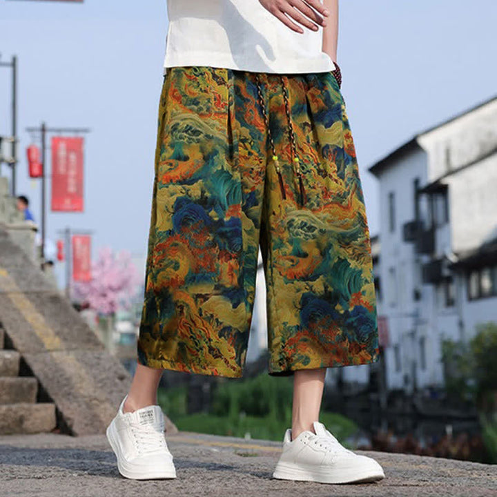Buddha Stones 夏物 ヴィンテージ カジュアル ドローストリング 鶴柄 メンズ クロップドパンツ ポケット付き - image 2