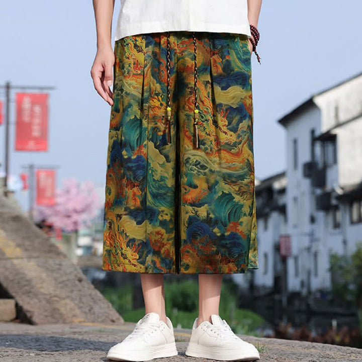 Buddha Stones 夏物 ヴィンテージ カジュアル ドローストリング 鶴柄 メンズ クロップドパンツ ポケット付き - ダークターコイズ - US/UK/AU48, EU58 （5XL） - image 0