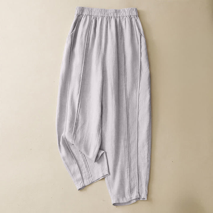 Buddha Stones 夏物カジュアルミニマリスト無地クロップドパンツ縦縫いレディースハーレムパンツポケット付き - リネン - US8-10, UK/AU12-14, EU40-42 （2XL） - image 0