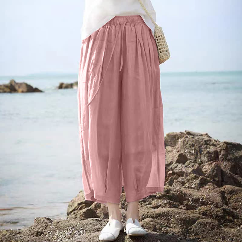 Buddha Stones 夏物カジュアルボヘミアン風ドローストリング無地カプリパンツレディースワイドレッグパンツポケット付き - image 29