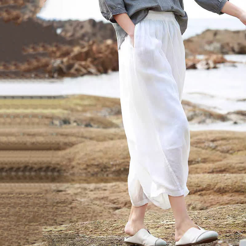 Buddha Stones 夏物カジュアルボヘミアン風ドローストリング無地カプリパンツレディースワイドレッグパンツポケット付き - image 53