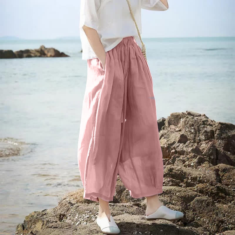 Buddha Stones 夏物カジュアルボヘミアン風ドローストリング無地カプリパンツレディースワイドレッグパンツポケット付き - image 30