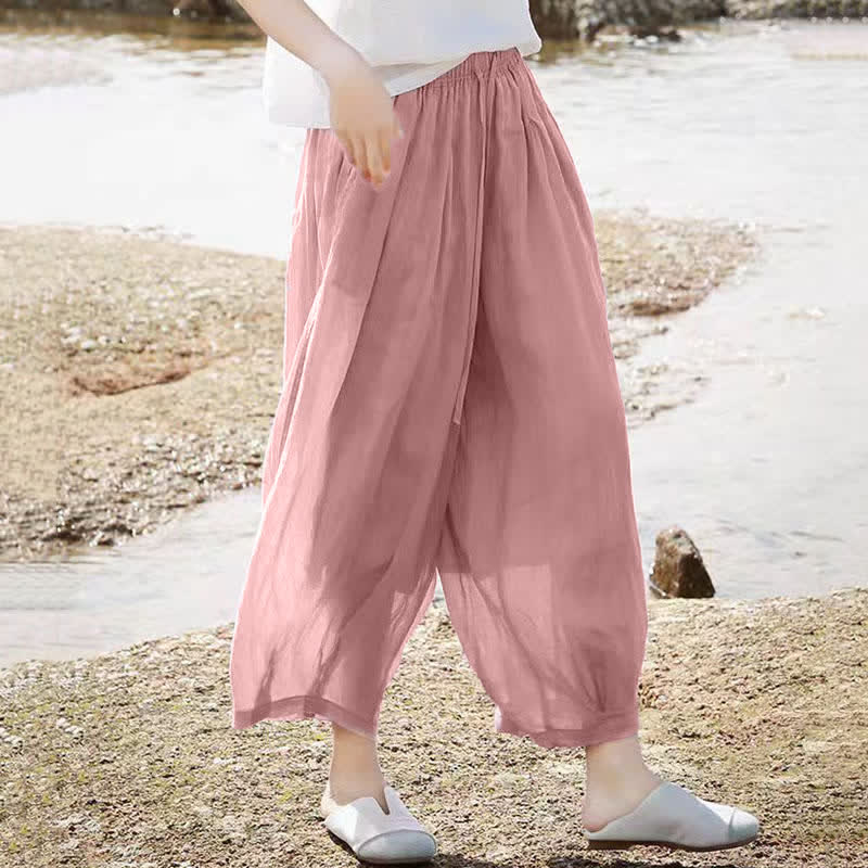 Buddha Stones 夏物カジュアルボヘミアン風ドローストリング無地カプリパンツレディースワイドレッグパンツポケット付き - image 32