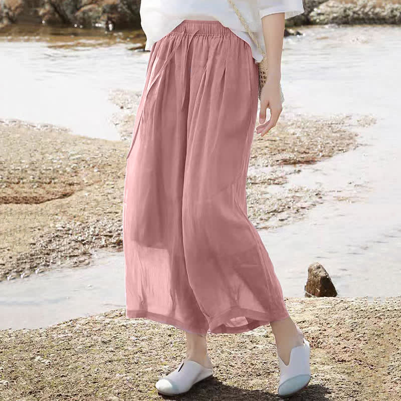 Buddha Stones 夏物カジュアルボヘミアン風ドローストリング無地カプリパンツレディースワイドレッグパンツポケット付き - image 33
