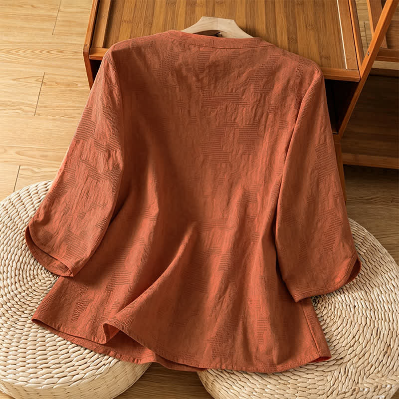 Buddha Stones 夏物 ボヘミアン風 タンカラー 刺繍入り ドローストリング付き 無地 レディース 半袖シャツ - image 15