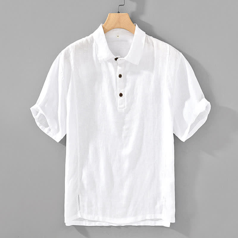Buddha Stones 夏向けカジュアルミニマリストボタンアップ無地リネンメンズ半袖シャツ - 白 - US/UK/AU44、 EU54 (4XL) - image 8