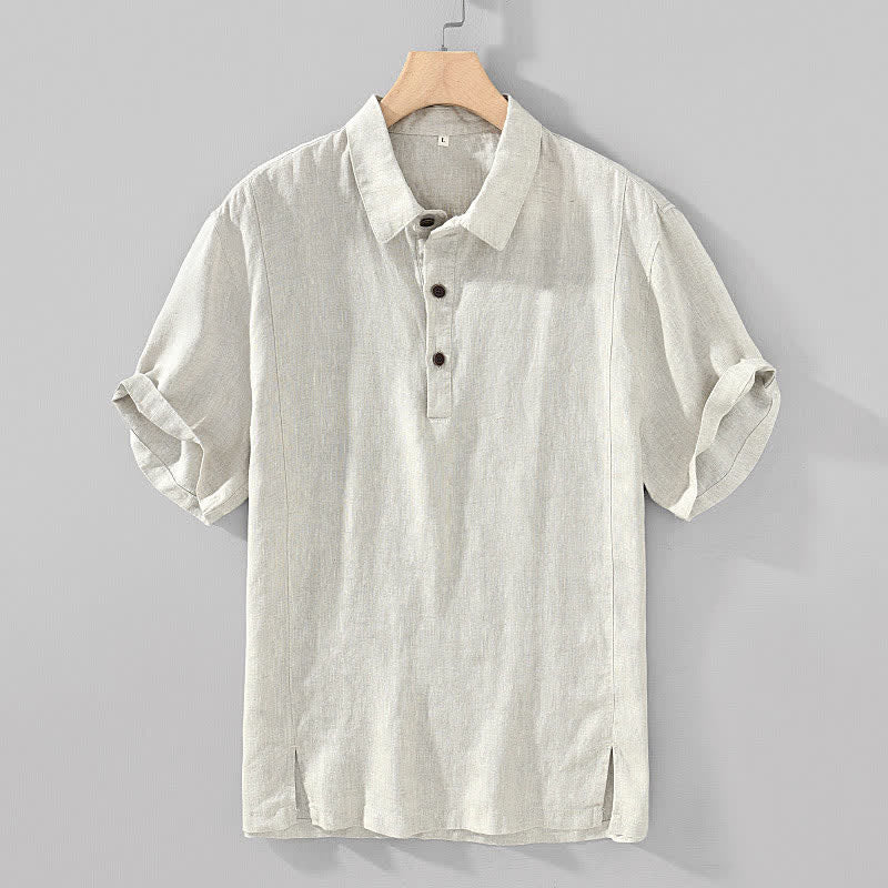 Buddha Stones 夏向けカジュアルミニマリストボタンアップ無地リネンメンズ半袖シャツ - リネン - US/UK/AU44、 EU54 (4XL) - image 3