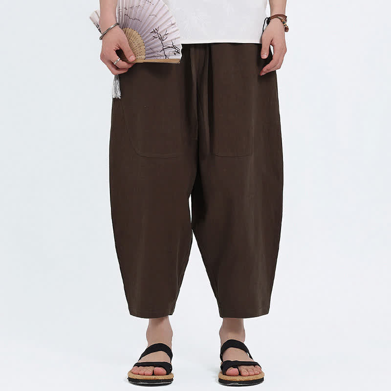 Buddha Stones 夏物カジュアル ドローストリング付き無地コットンリネンカプリパンツ メンズ ハーレムパンツ ポケット付き - image 13