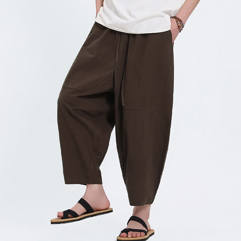 Buddha Stones 夏物カジュアル ドローストリング付き無地コットンリネンカプリパンツ メンズ ハーレムパンツ ポケット付き - image 10
