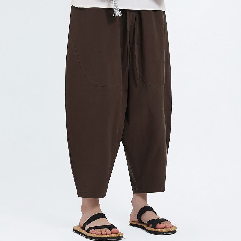 Buddha Stones 夏物カジュアル ドローストリング付き無地コットンリネンカプリパンツ メンズ ハーレムパンツ ポケット付き - image 9
