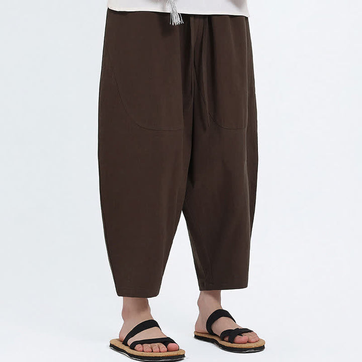 Buddha Stones 夏物カジュアル ドローストリング付き無地コットンリネンカプリパンツ メンズ ハーレムパンツ ポケット付き - image 9