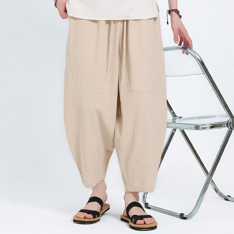 Buddha Stones 夏物カジュアル ドローストリング付き無地コットンリネンカプリパンツ メンズ ハーレムパンツ ポケット付き - image 20