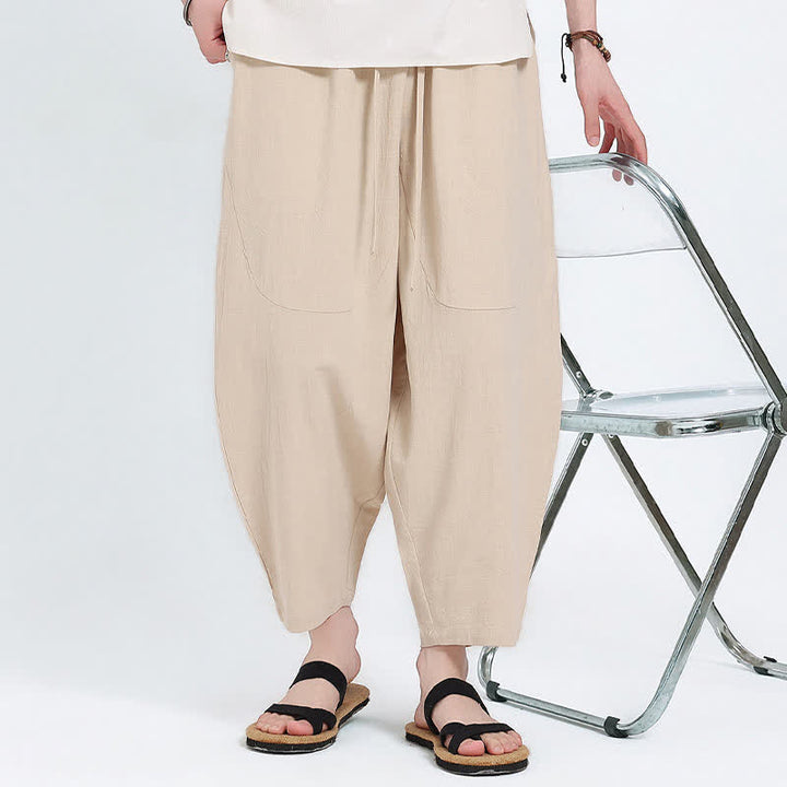 Buddha Stones 夏物カジュアル ドローストリング付き無地コットンリネンカプリパンツ メンズ ハーレムパンツ ポケット付き - image 20